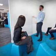 Turquoise blue meeting zone with contemporary stool seating